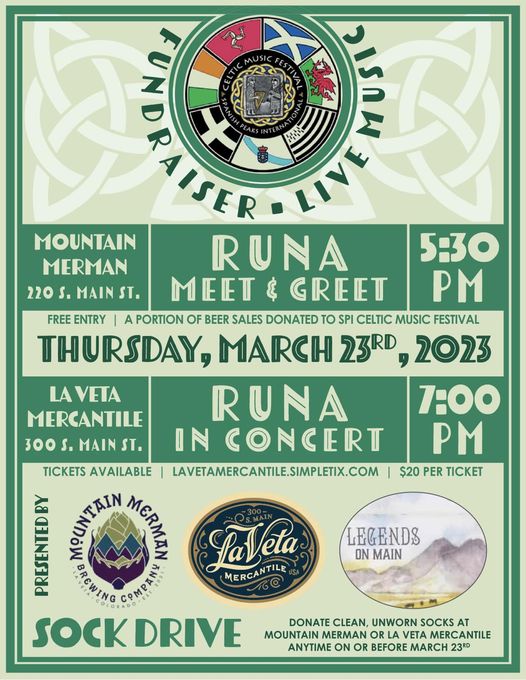 RUNA in La Veta CO March 23rd for concert and Spanish Peaks Celtic Fest fundraiser!